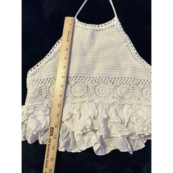 American Eagle Crochet Halter Crop Top White Ruffles XS Romantic Boho Hippie - Picture 9 of 10
